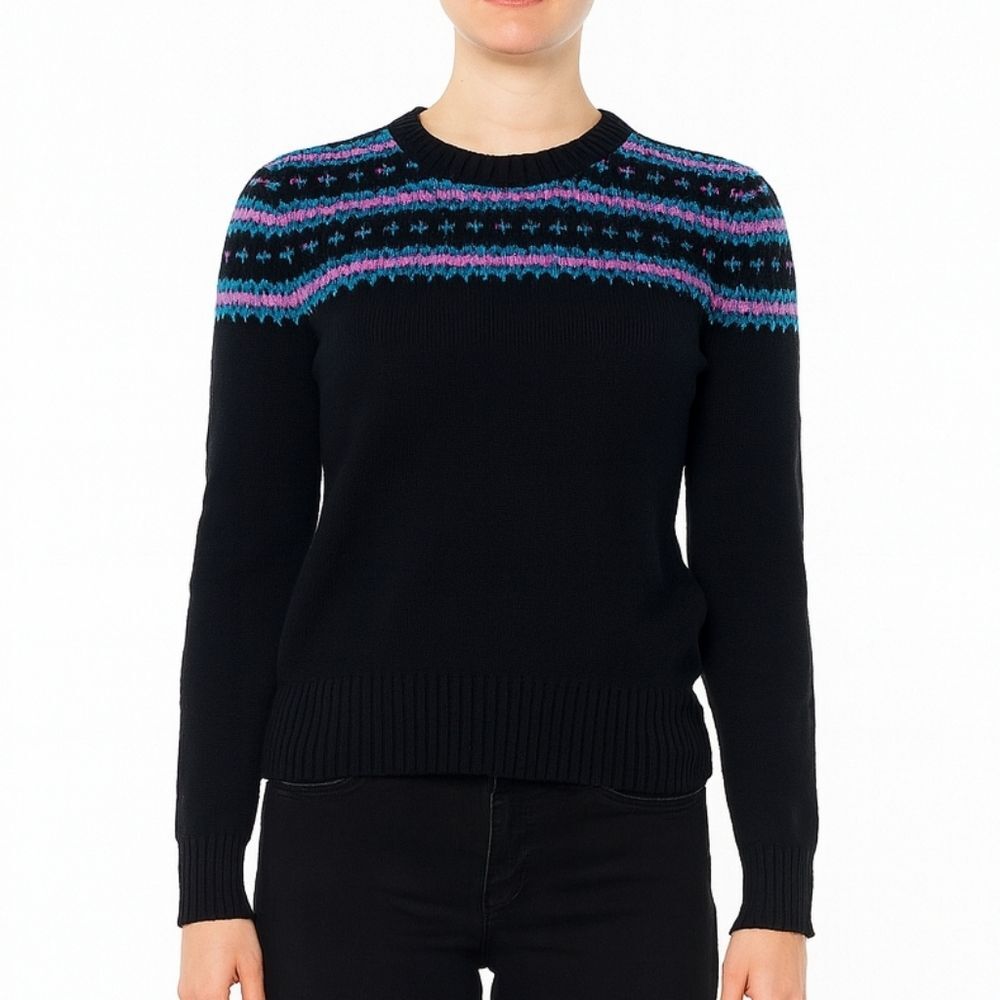 Demetre Womens Black Vintage Puff Sleeve Sweater Size L Fair Isles Ski 80s